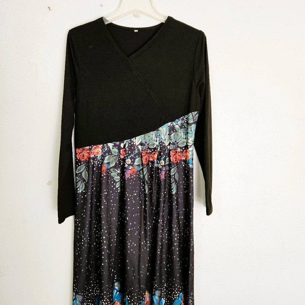 Generic Casual Stitching flower Print Elegant Black Midi Dress Size Medium - Picture 2 of 6